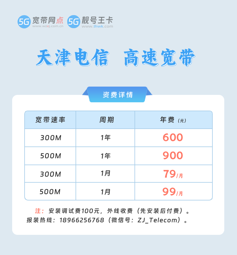 天津电信宽带套餐价格表2026年最新，推荐电信宽带500M包1年900元